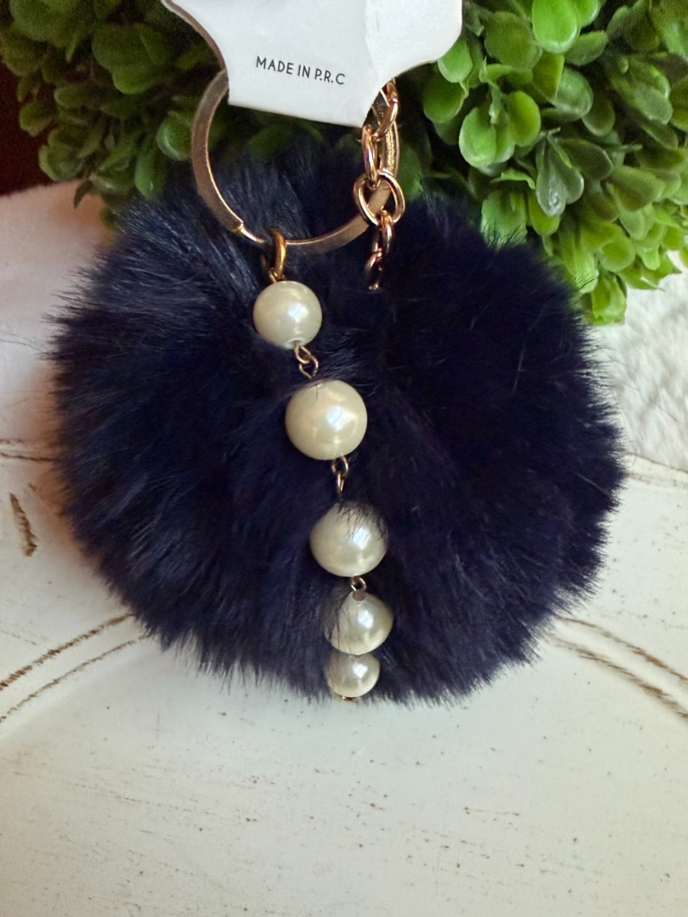 Plush Faux Fur Pom Pom Keychain with Pearl Dangles - navy blue